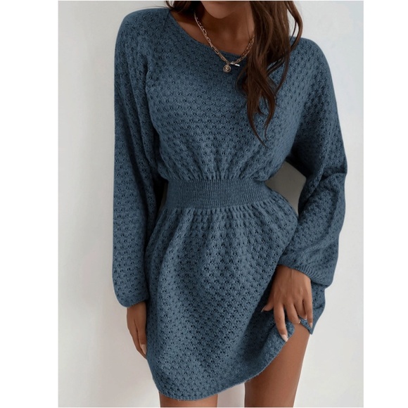 Blue Knit Batwing Long Sleeve Fitted Waist Mini Short Winter Dress - Picture 6 of 9